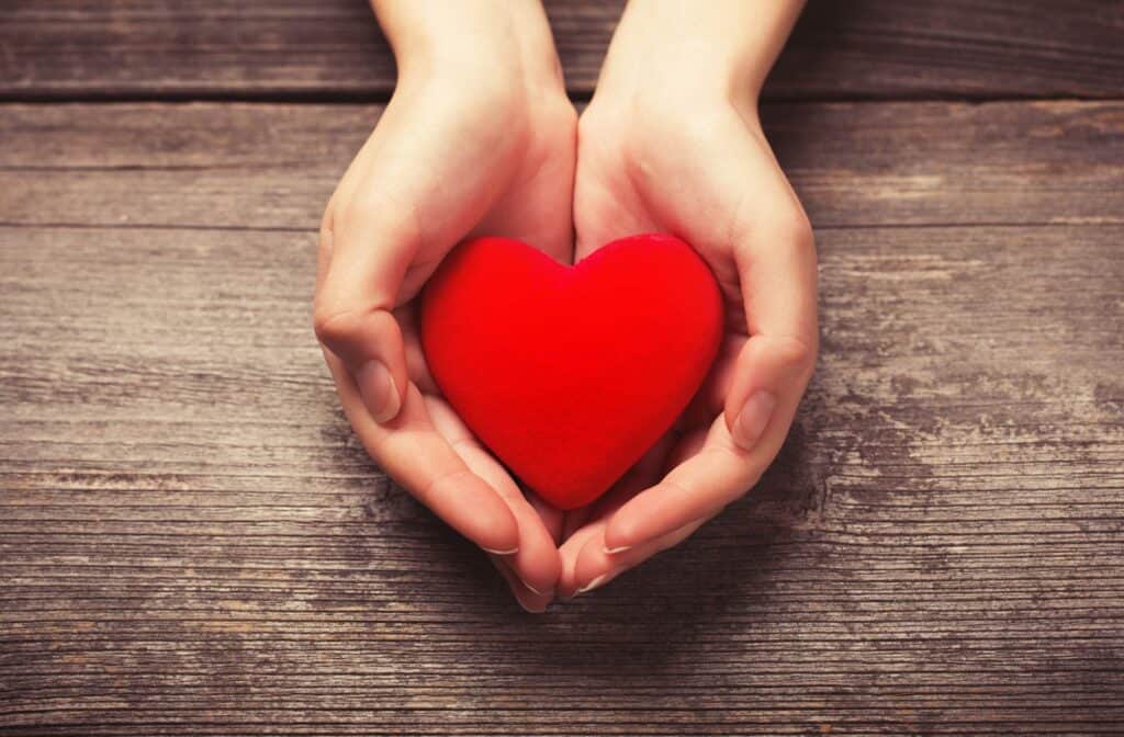 Cupped hands holding a textile heart