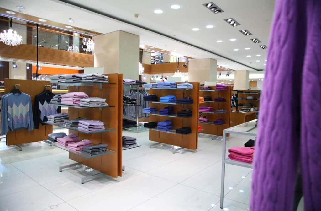 Clothes laid out in a high street shop
